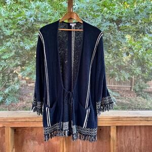 Joie Soft Navy And White Fringe Trim Cardigan Sweater Size M